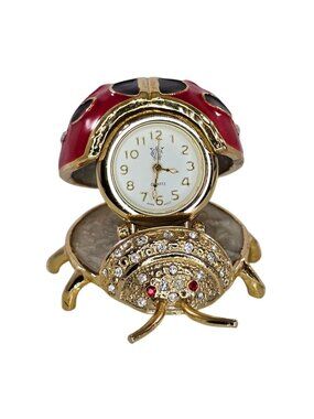 Enameled Jeweled Ladybug Hinged Metal Trinket Box Desk Clock Inside Works!